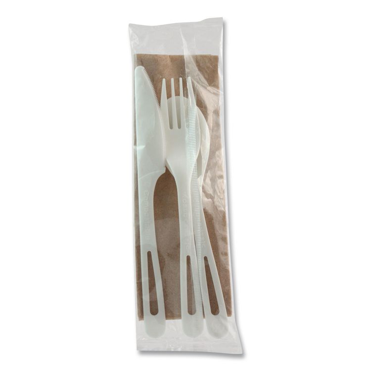 TPLA Wrapped Cutlery, Fork/Knife/Napkin/Spoon, Plastic, Light Beige, 250/Carton