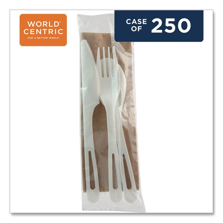 TPLA Wrapped Cutlery, Fork/Knife/Napkin/Spoon, Plastic, Light Beige, 250/Carton