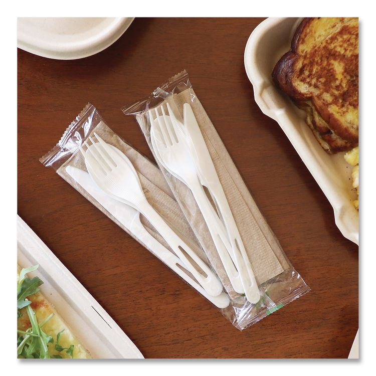 TPLA Wrapped Cutlery, Fork/Knife/Napkin/Spoon, Plastic, Light Beige, 250/Carton