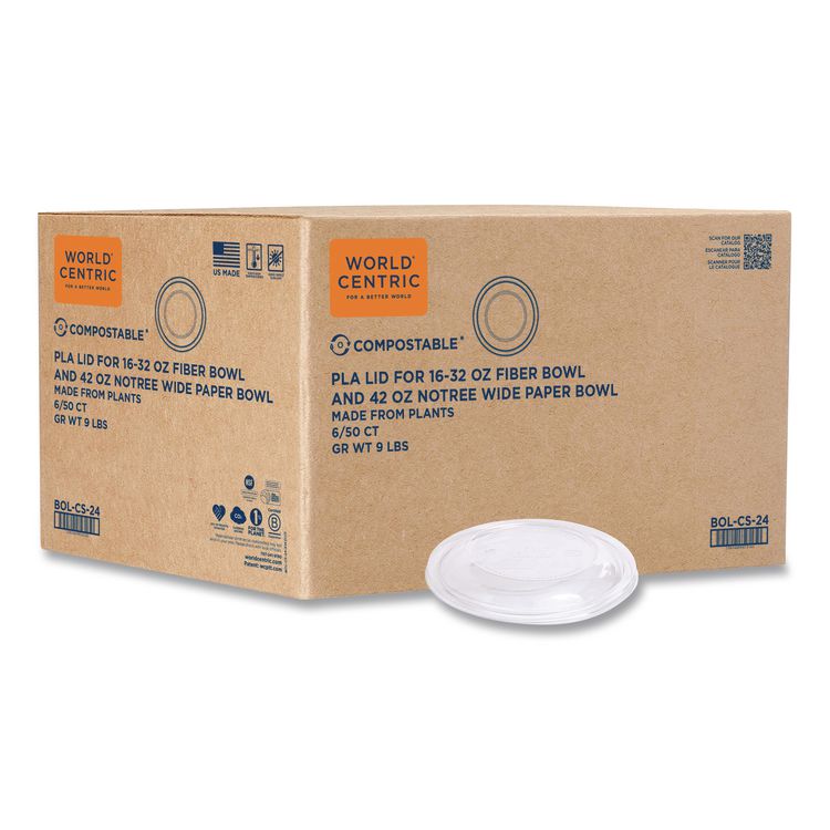 PLA Lids for Fiber Bowls, 7.5" Diameter x 1" h, Clear, Plastic, 300/Carton