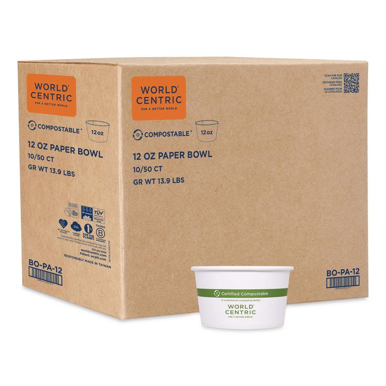 Paper Bowls, 12 oz, 4.5" Diameter x 2.5" h, White, 500/Carton