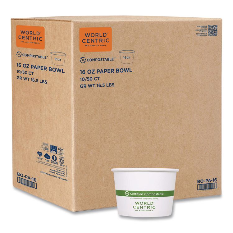 Paper Bowls, 16 oz, 4.4" Diameter x 3" h, White, 500/Carton