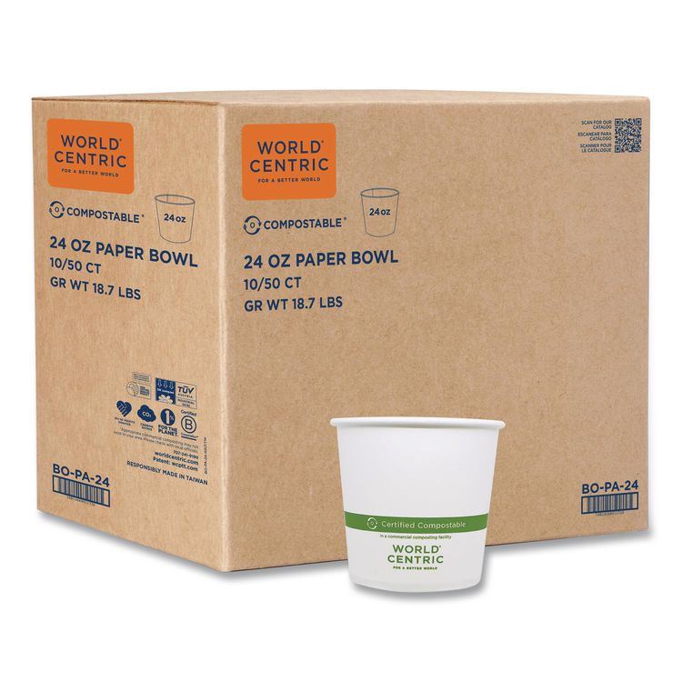Paper Bowls, 24 oz, 4.4" Diameter x 4.4" h, White, 500/Carton