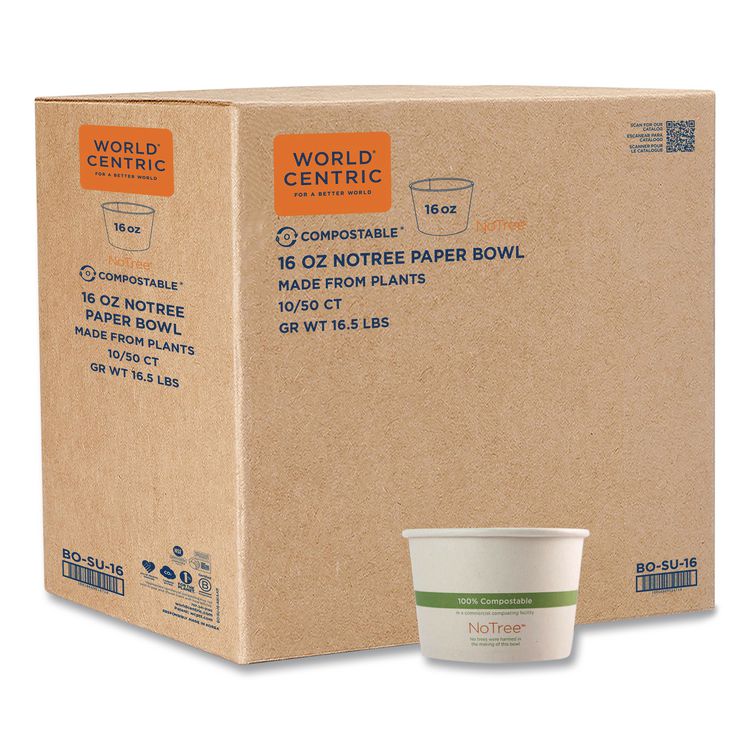 No Tree Paper Bowls, 16 oz, 4.4" Diameter x 3" h, Natural, Sugarcane, 500/Carton