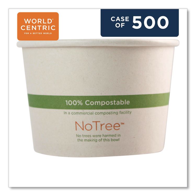 No Tree Paper Bowls, 16 oz, 4.4" Diameter x 3" h, Natural, Sugarcane, 500/Carton