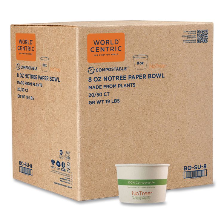 No Tree Paper Bowls, 8 oz, 3.4" Diameter x 2.3" h, Natural, Sugarcane, 1,000/Carton