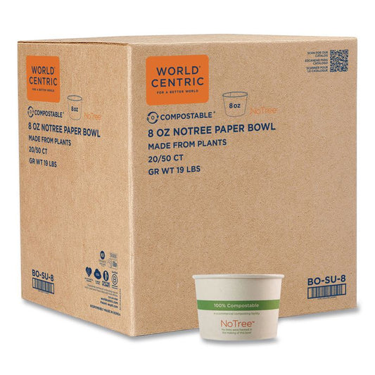 No Tree Paper Bowls, 8 oz, 3.4" Diameter x 2.3" h, Natural, Sugarcane, 1,000/Carton