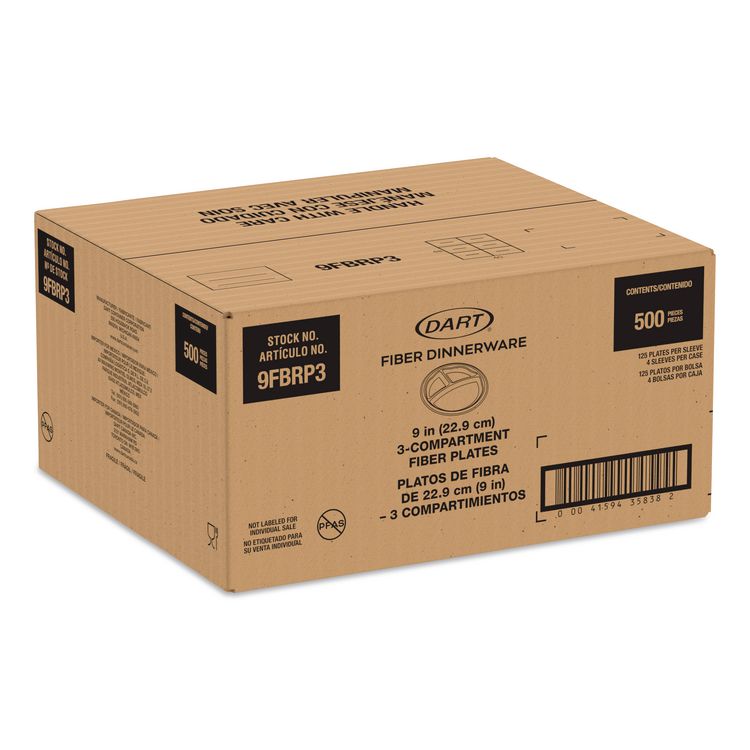 Compostable Molded Fiber Dinnerware, ProPlanet Seal, 3-Compartment Plate, 9" dia, Natural, 500/Carton