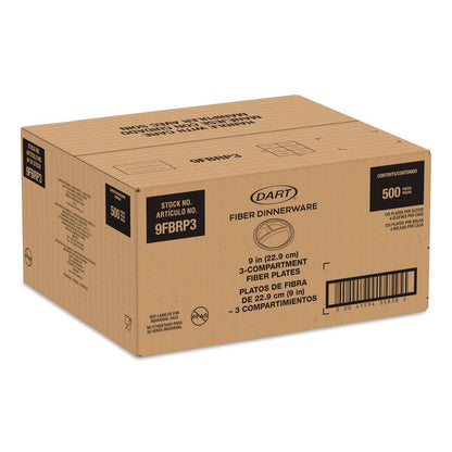 Compostable Molded Fiber Dinnerware, ProPlanet Seal, 3-Compartment Plate, 9" dia, Natural, 500/Carton