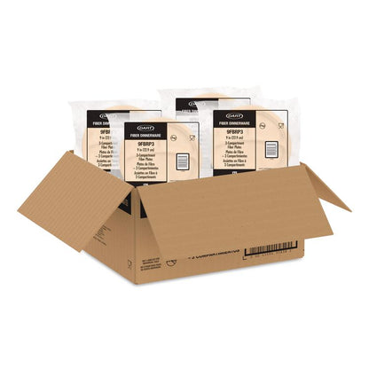 Compostable Molded Fiber Dinnerware, ProPlanet Seal, 3-Compartment Plate, 9" dia, Natural, 500/Carton