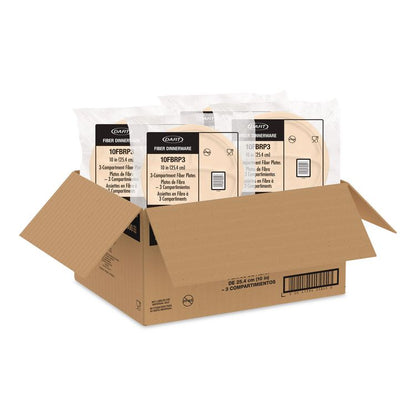 Compostable Molded Fiber Dinnerware, ProPlanet Seal, 3-Compartment Plate, 10.2" dia, Natural, 500/Carton