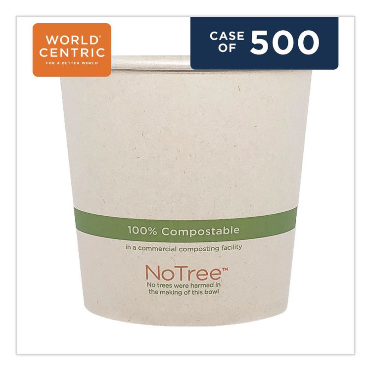 No Tree Paper Bowls, 24 oz, 4.4" Diameter x 4.5" h, Natural, Sugarcane, 500/Carton