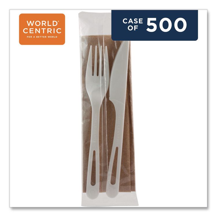 TPLA Wrapped Cutlery, Fork/Knife/Napkin, Plastic, Light Beige, 500/Carton