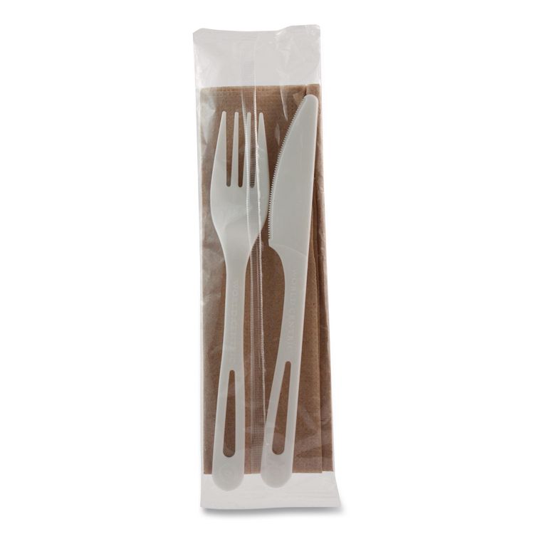 TPLA Wrapped Cutlery, Fork/Knife/Napkin, Plastic, Light Beige, 500/Carton