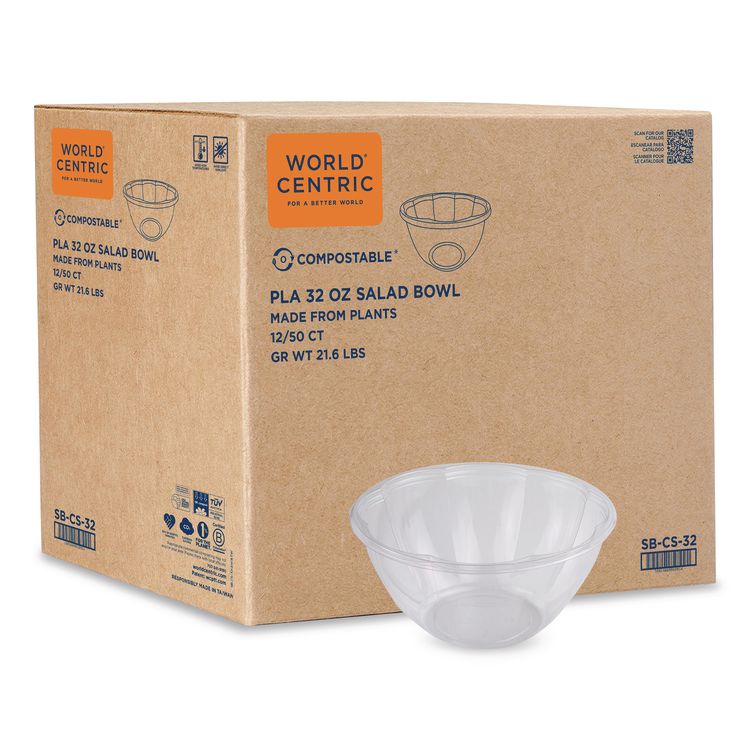 PLA Salad Bowls, 32 oz, 6.7" dia x 3.3" h, Clear, Plastic, 600/Carton