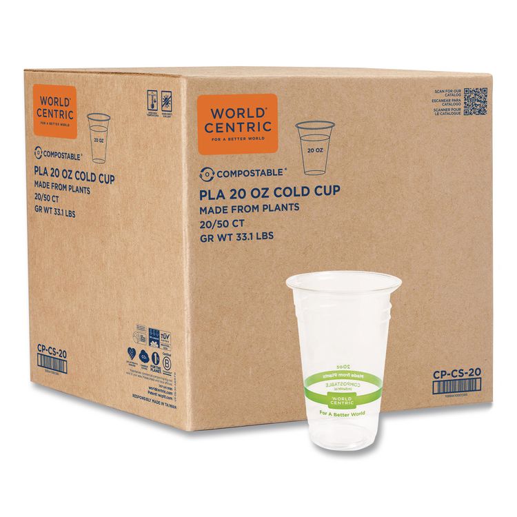 PLA Clear Cold Cups, 20 oz, Plastic, Clear, 1,000/Carton