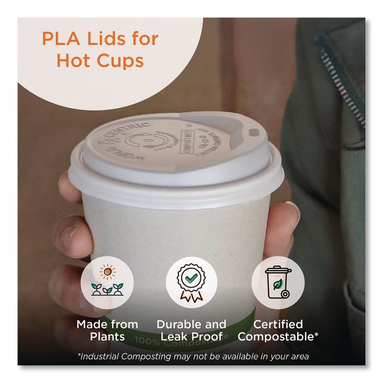 PLA Lids for Hot Cups, Fits 10 oz to 20 oz Hot Cups, Plastic, White, 1,000/Carton