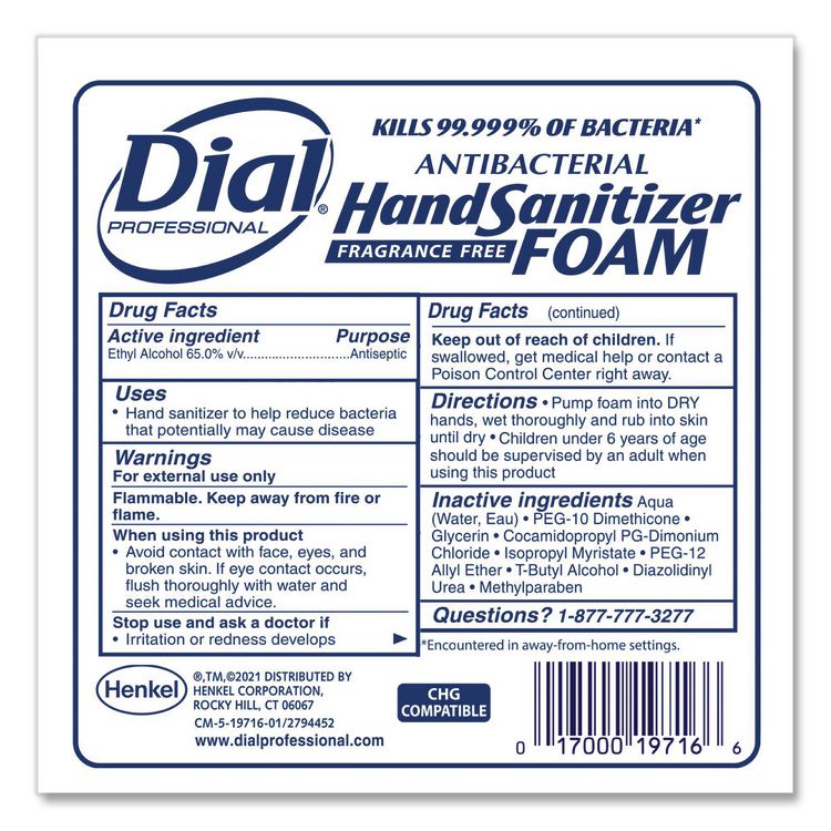 Antibacterial Foaming Hand Sanitizer Refill for Dial 1700 V Dispenser, 1.2 L, Fragrance Free, 3/Carton
