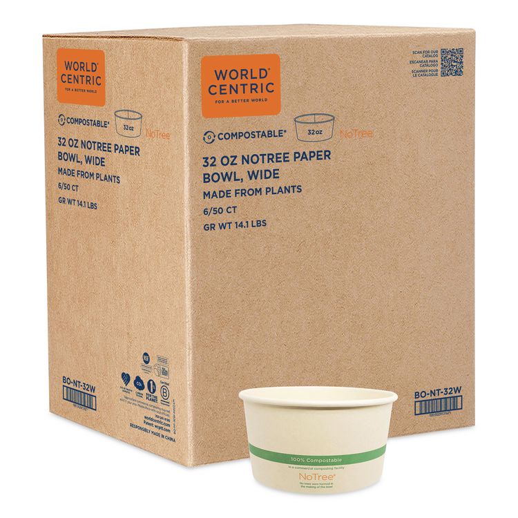 No Tree Wide Paper Bowls, 32 oz, 5.9" Diameter x 3.1" h, Natural, Sugarcane, 300/Carton