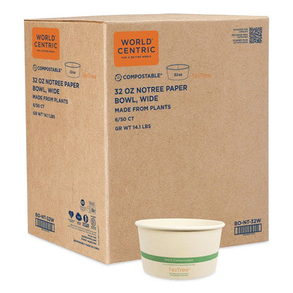 No Tree Wide Paper Bowls, 32 oz, 5.9" Diameter x 3.1" h, Natural, Sugarcane, 300/Carton