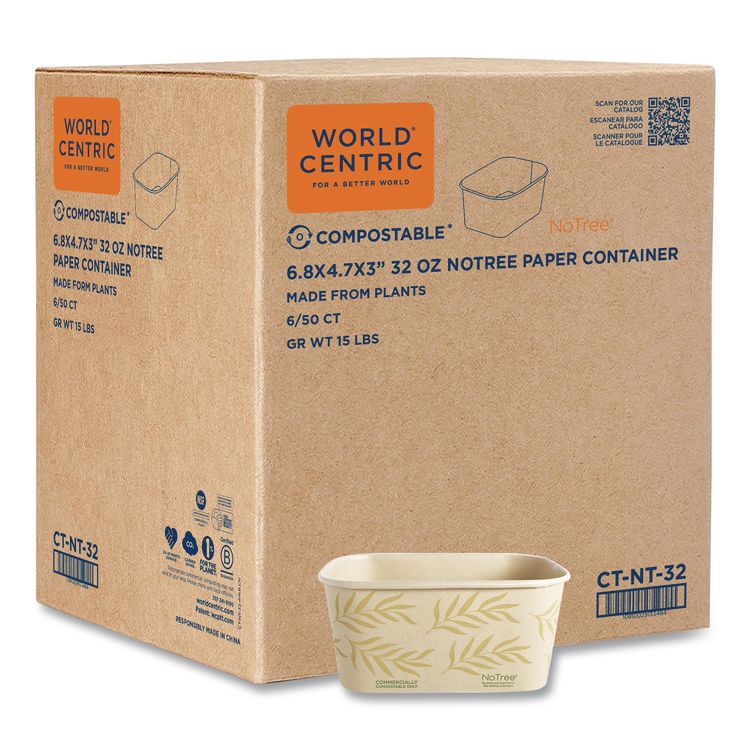 No Tree Rectangular Containers, 32 oz, 4.7 x 6.8 x 3, Natural, Sugarcane, 300/Carton