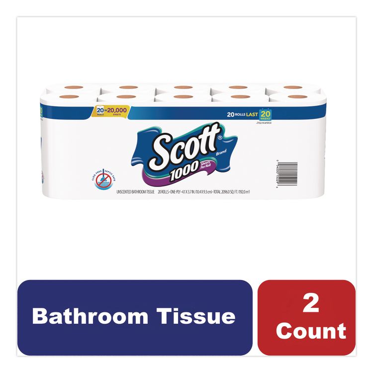 1000 Bathroom Tissue, Septic Safe, 1-Ply, White, 1,000 Sheets/Roll, 20 Rolls/Pack, 2 Packs/Carton