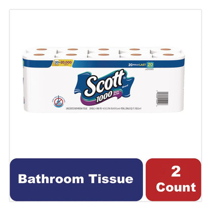 1000 Bathroom Tissue, Septic Safe, 1-Ply, White, 1,000 Sheets/Roll, 20 Rolls/Pack, 2 Packs/Carton