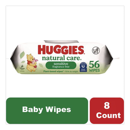 Natural Care Sensitive Baby Wipes, 1-Ply, 3.88 x 6.6, Unscented, White, 56/Pack, 8 Packs/Carton