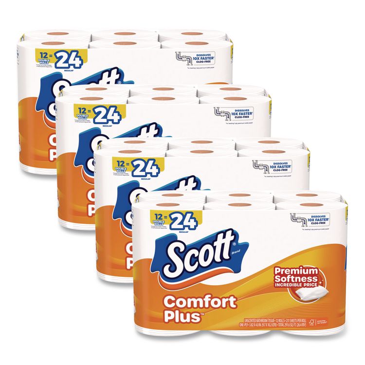 ComfortPlus Toilet Paper, Double Roll, Bath Tissue, Septic Safe, 1-Ply, White, 231 Sheets/Roll, 12 Rolls/Pack, 4 Packs/Carton