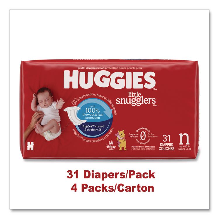 Little Snugglers Baby Diapers, Size 0 to Newborn, 1 lbs to 10 lbs, Disney Design, 31 Diapers/Pack, 4 Packs/Carton