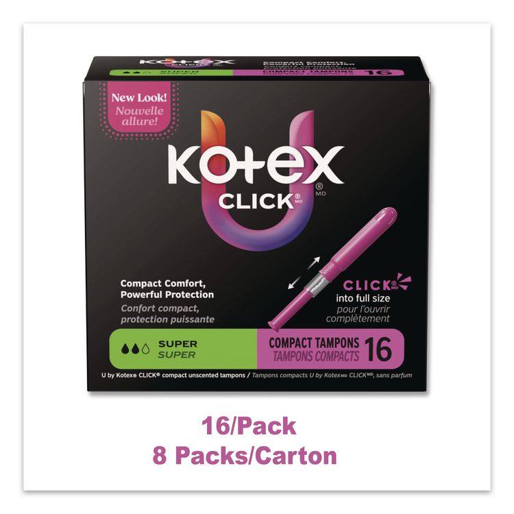 U by Kotex Click Compact Tampons, Super Absorbency, 16/Pack, 8 Packs/Carton