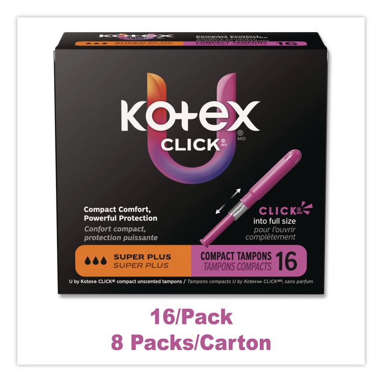 U by Kotex Click Compact Tampons, Super Plus Absorbency, 16/Pack, 8 Packs/Carton