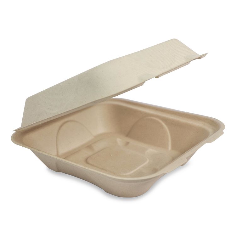 Fiber Hinged Takeout Containers, 9.2 x 9.1 x 3.2, Natural, Paper, 300/Carton