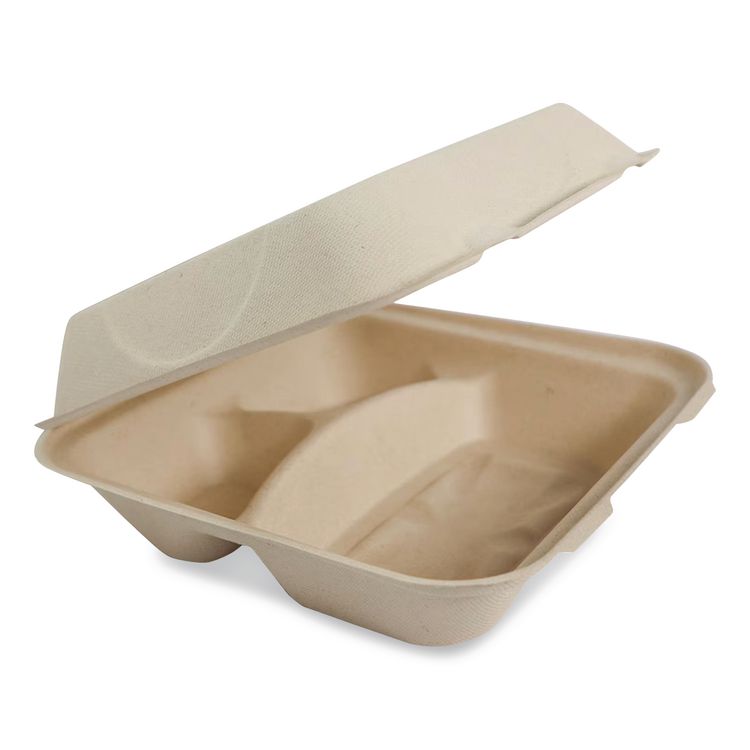 Fiber Hinged Takeout Containers, 3-Compartment, 9.3 x 9 x 3.3, Natural, Paper, 300/Carton