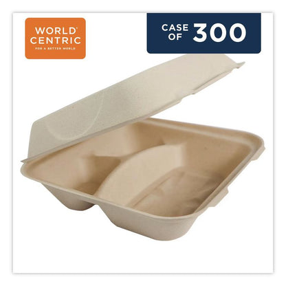 Fiber Hinged Takeout Containers, 3-Compartment, 9.3 x 9 x 3.3, Natural, Paper, 300/Carton