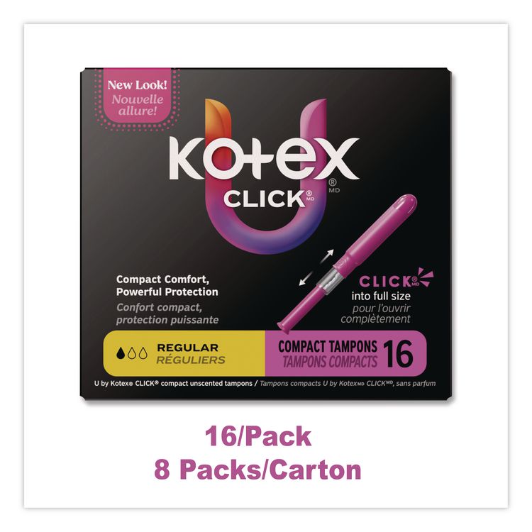 U by Kotex Click Compact Tampons, Regular Absorbency, 16/Pack, 8 Packs/Carton