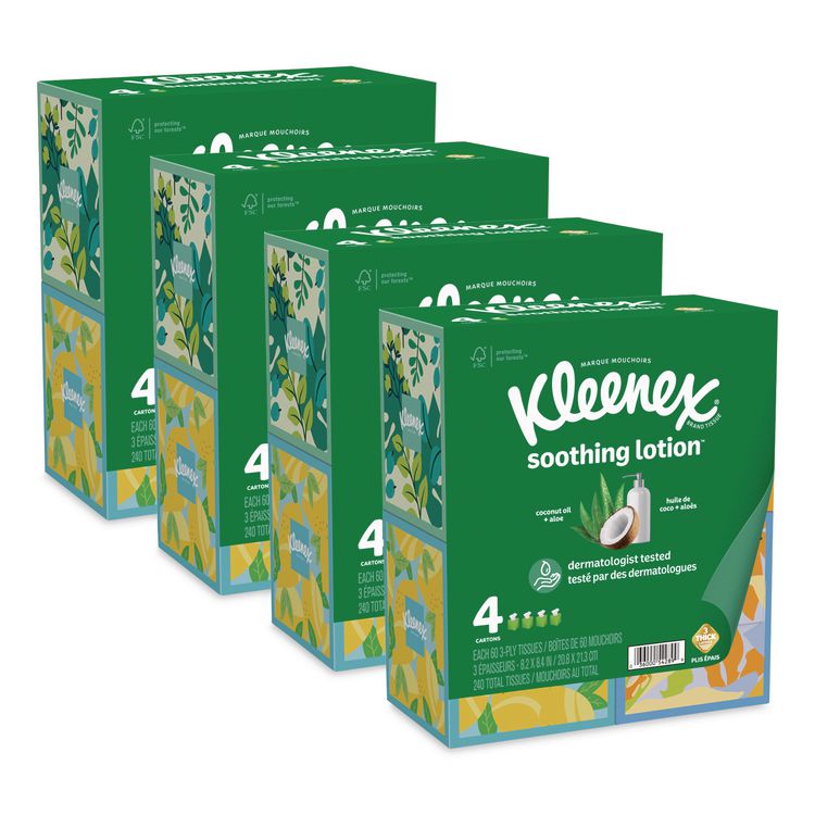 Soothing Lotion Facial Tissue, 3-Ply, White, 60 Sheets/Box, 4 Boxes/Pack, 8 Packs/Carton