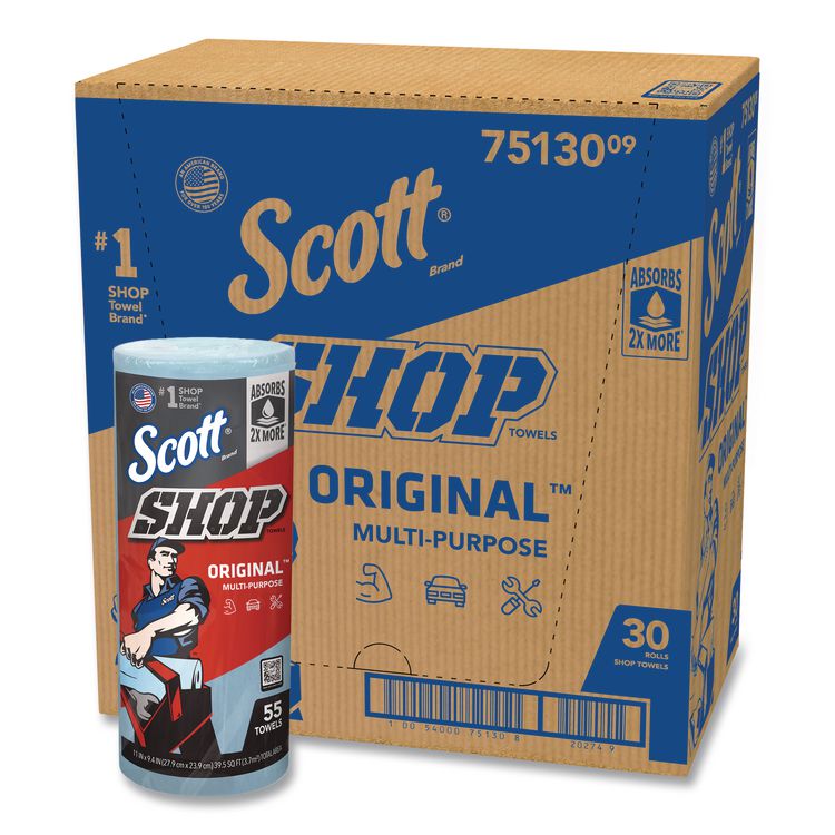 Shop Towels, Standard Roll, 1-Ply, 9.4 x 11, Blue, 55/Roll, 30 Rolls/Carton