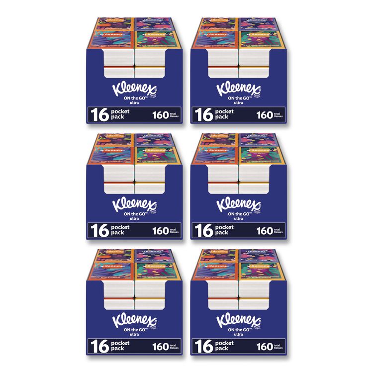 On The Go Packs Facial Tissues, 3-Ply, White, 10 Sheets/Pouch, 16 Pouches/Pack,  6 Packs/Carton