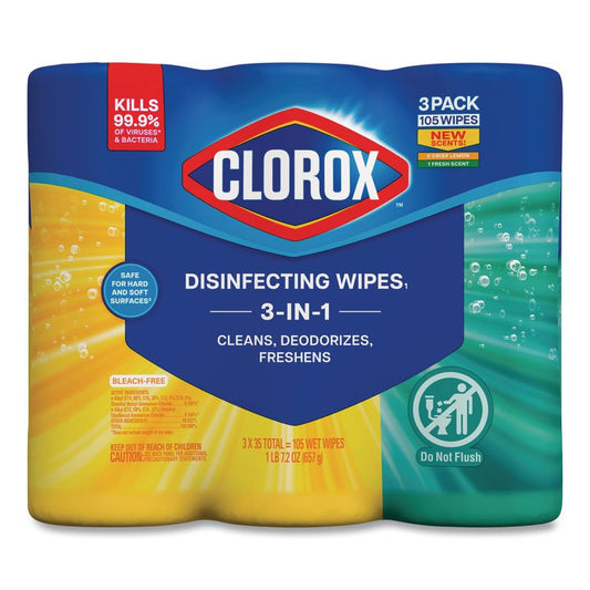 Disinfecting Wipes, Cleaning Wipes, 1-Ply, 7 x 8, Fresh Scent/Citrus Blend, 35/Canister, 3/Pack, 5 Packs/Carton
