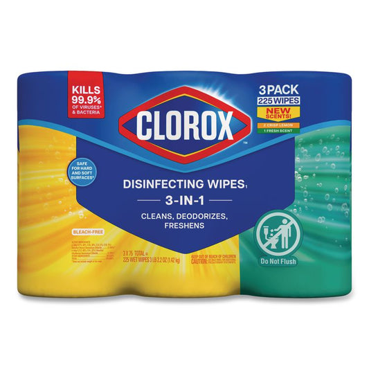 Disinfecting Wipes, Value Pack, Bleach Free Cleaning Wipes, 1-Ply, 7x8, Fresh Scent/Citrus Blend, White, 75/Canister, 3/Pack