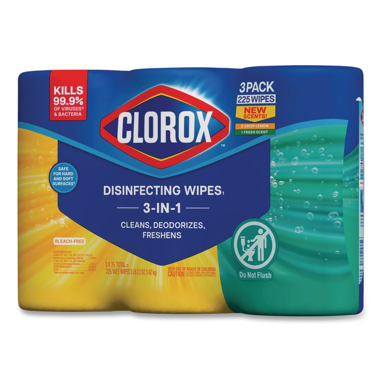 Disinfecting Wipes, Value Pack, Bleach Free Cleaning Wipes, 1-Ply, 7x8, Fresh Scent/Citrus Blend, White, 75/Canister, 3/Pack
