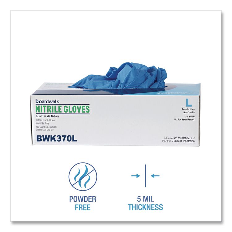 Blue Disposable Nitrile Gloves, 370 Series, Powder-Free, Large, 3 mil Thick, 9.5" Long, Blue, 100/Box, 10 Boxes/Carton