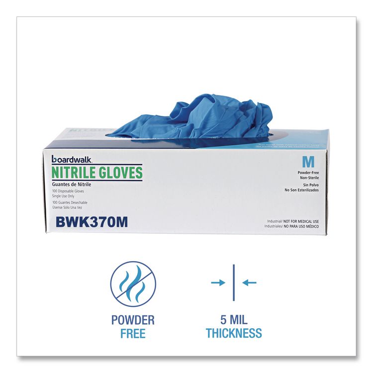 Blue Disposable Nitrile Gloves, 370 Series, Powder-Free, Medium, 3 mil Thick, 9.5" Long, Blue, 100/Box, 10 Boxes/Carton