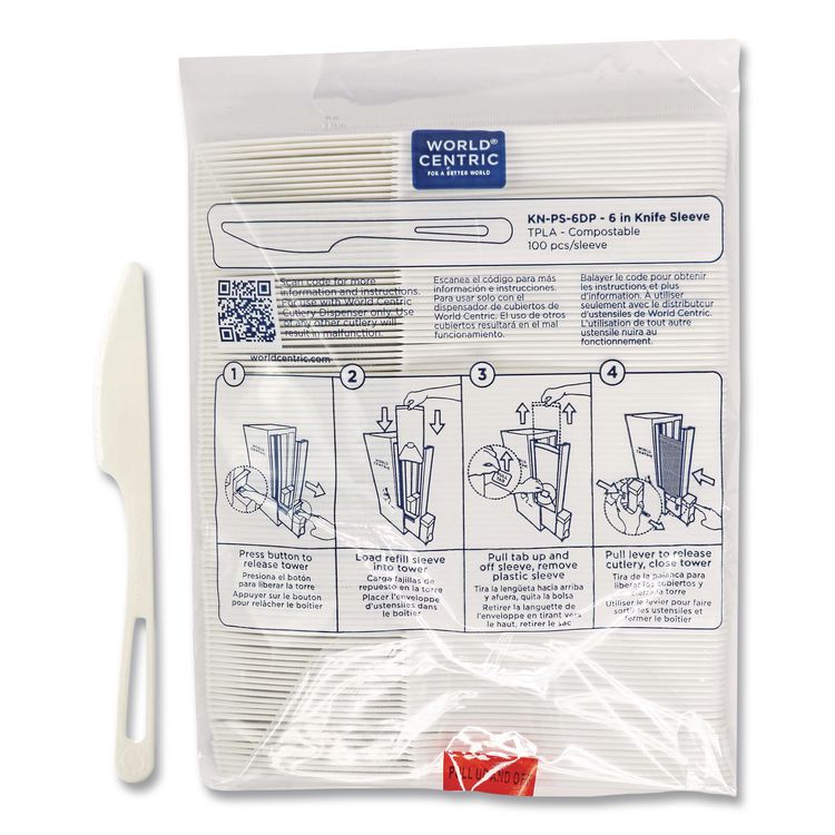 Cutlery Dispenser Refills, Knife, Plastic, Light Beige, 100/Bag, 10 Bags/Carton