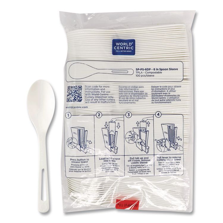Cutlery Dispenser Refills, Spoon, Plastic, Light Beige, 100/Bag, 10 Bags/Carton