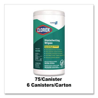 CloroxPro Disinfecting Wipes, 1-Ply, Fresh Scent, 7 x 8, White, 75/Canister, 6 Canisters/Carton