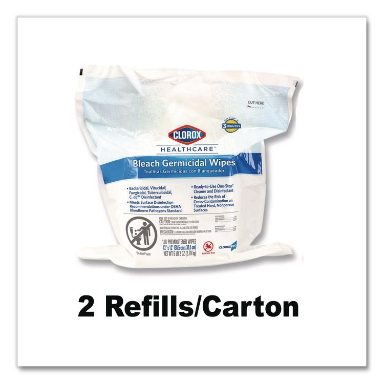 Bleach Germicidal Wipes, 1-Ply, 12 x 12, Unscented, White, 110/Refill, 2 Refills/Carton