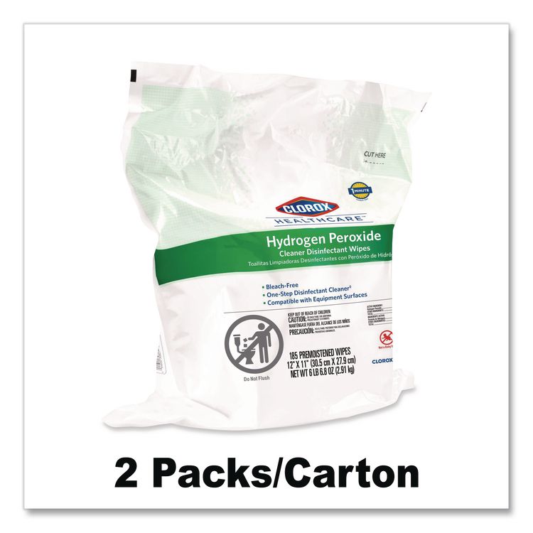 Hydrogen Peroxide Cleaner Disinfectant Wipes, 12 x 11, Unscented, White, 185/Pack, 2 Packs/Carton