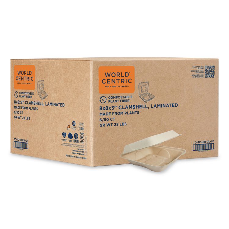 Fiber Hinged Takeout Containers, 7 x 8.3 x 3.2, Natural, Paper, 300/Carton